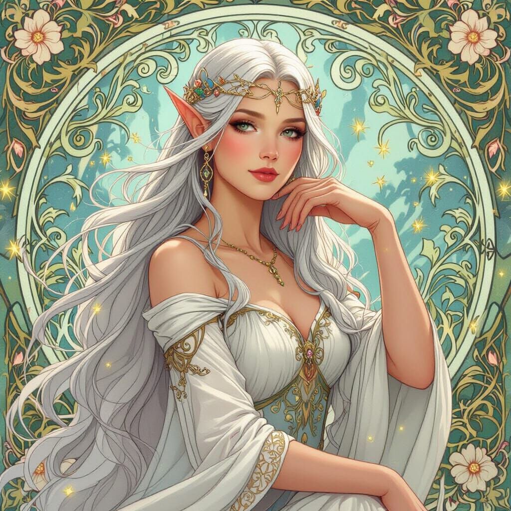 Elven Queen Portrait in Art Nouveau Style