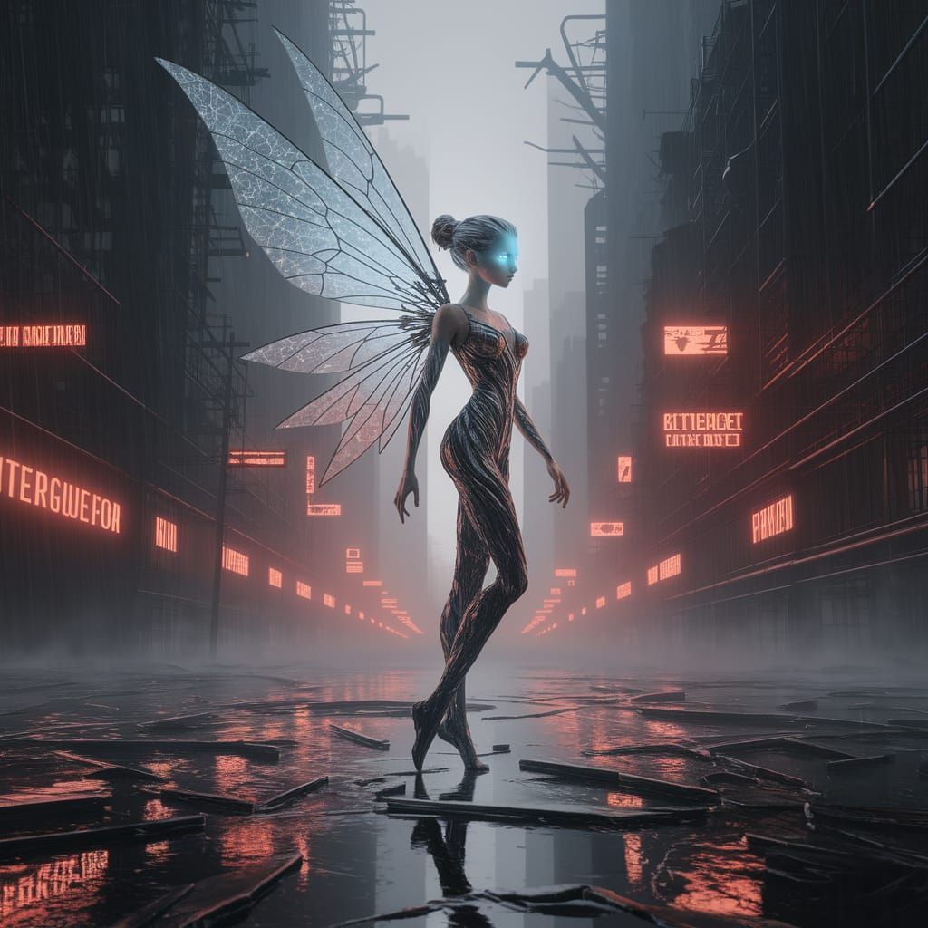 Cyberpunk Fairy Amidst Shattered Skyscraper Ruins
