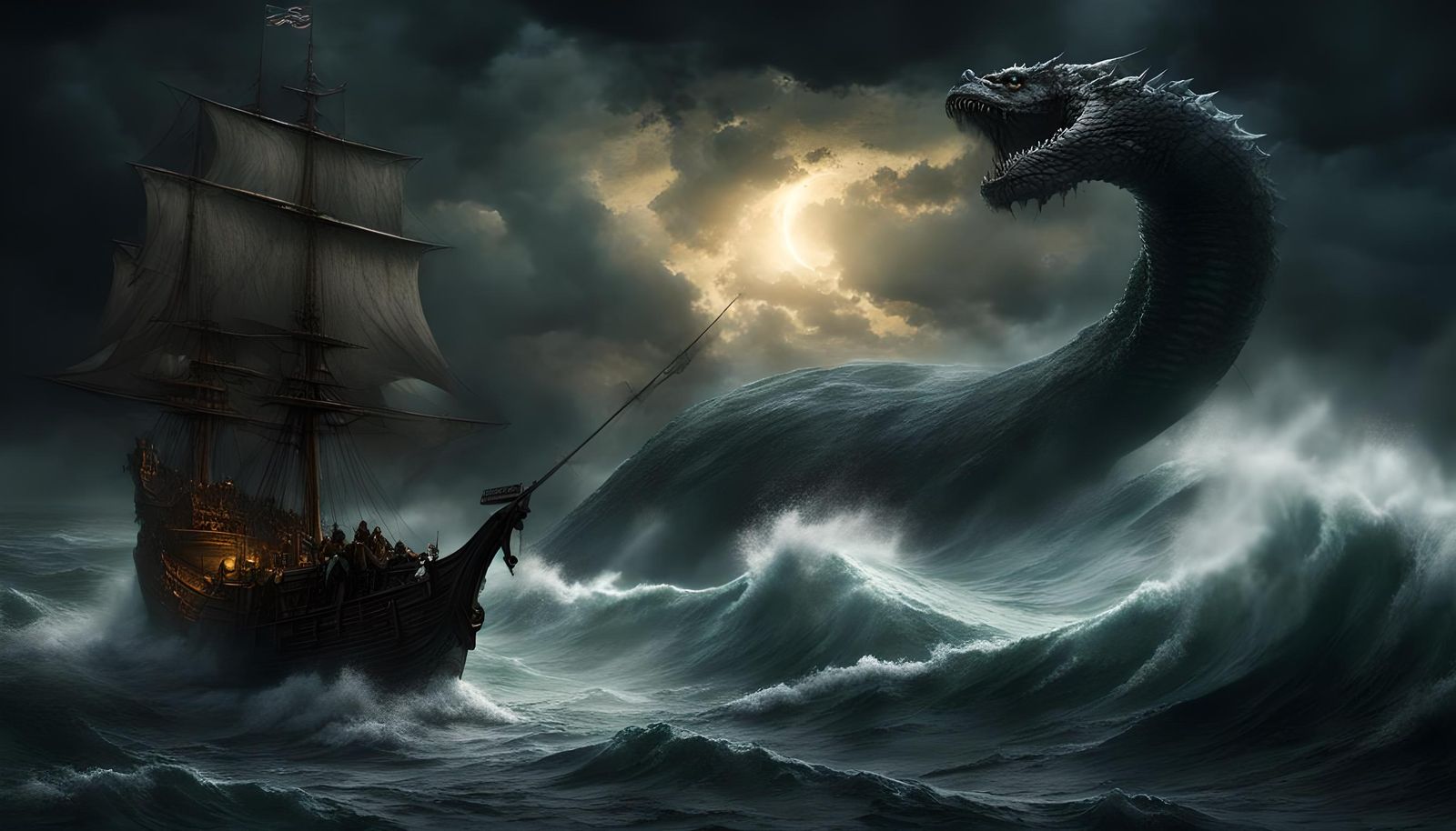 Galleon Under Attack by Sea Serpent: Dramatic Fantasy Art