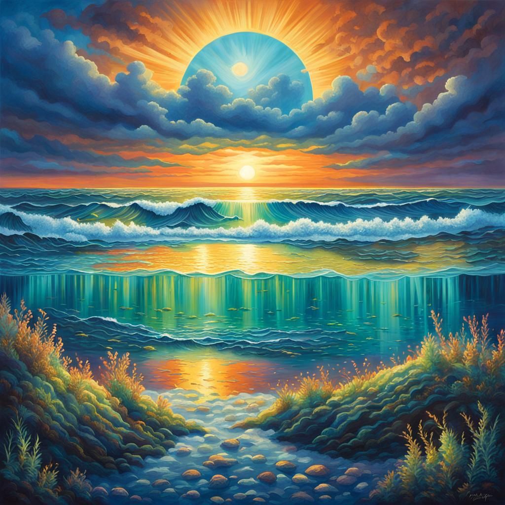 Bioluminescent Ocean Under Morning Sun: Cosmic Illustration