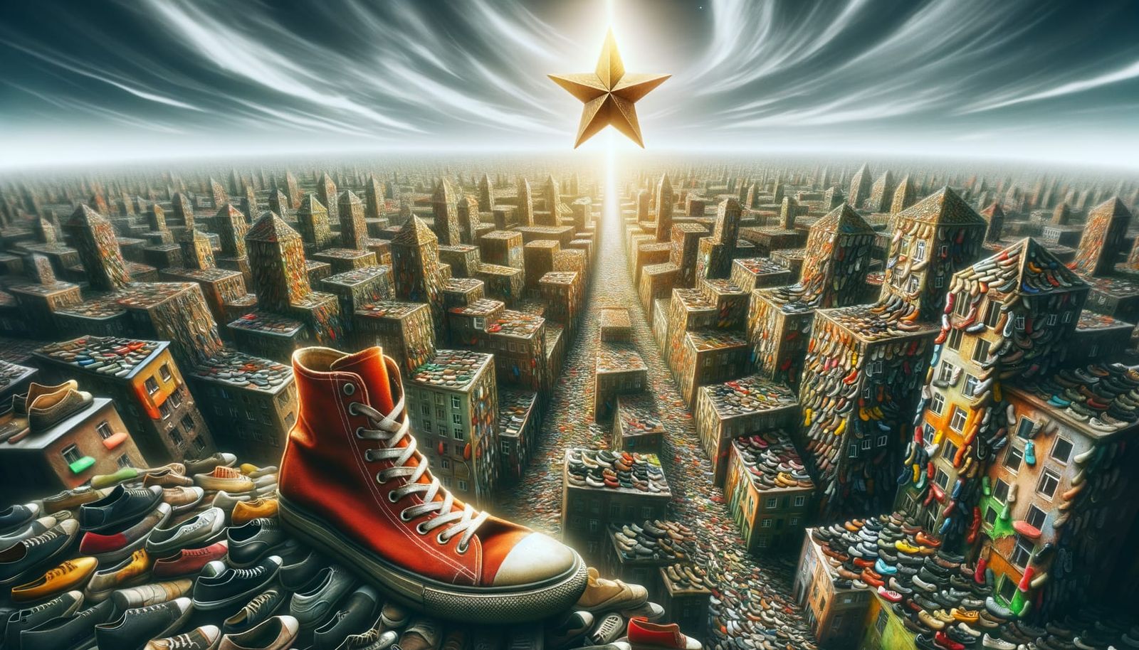 Stellar Cityscape Made from Sneakers in Vibrant Hues