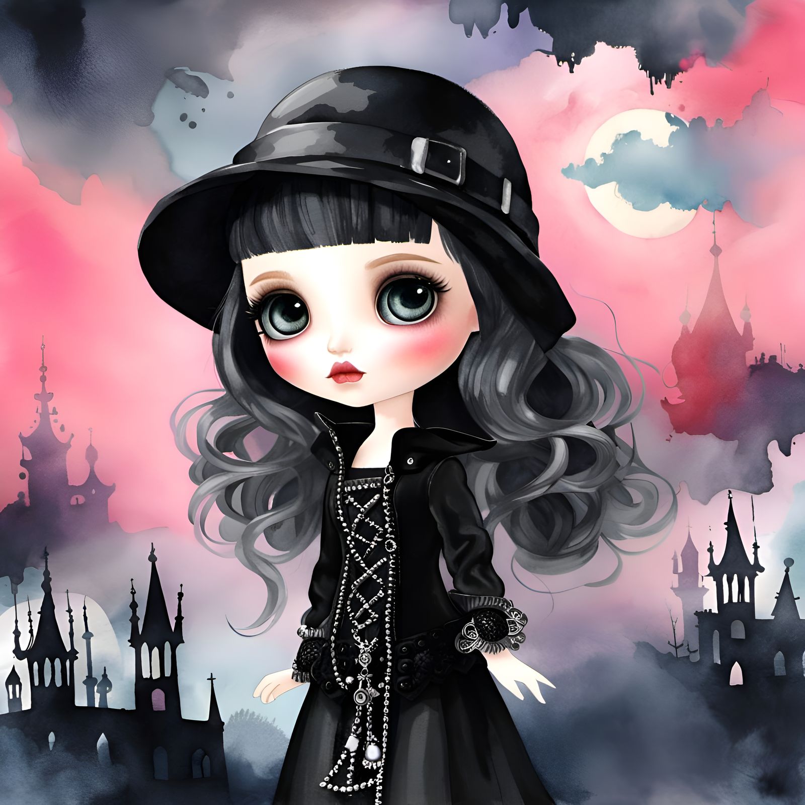 Gothic Blythe Doll in Watercolor Art Style