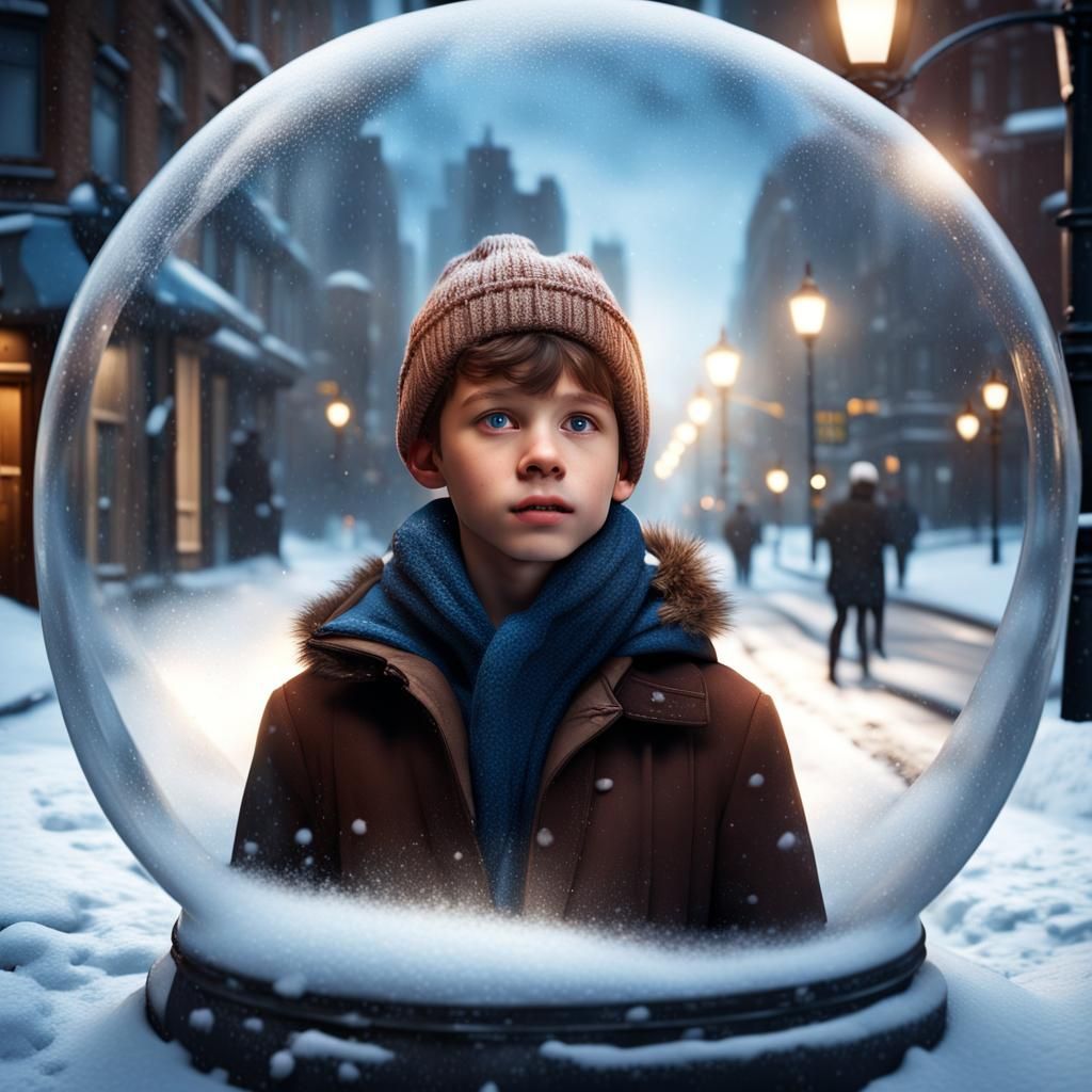 Boy in Snow Globe on Winter Street Corner