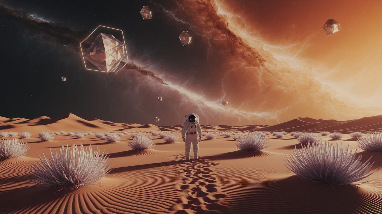 Astronaut on Alien Desert Under Nebulae Sky