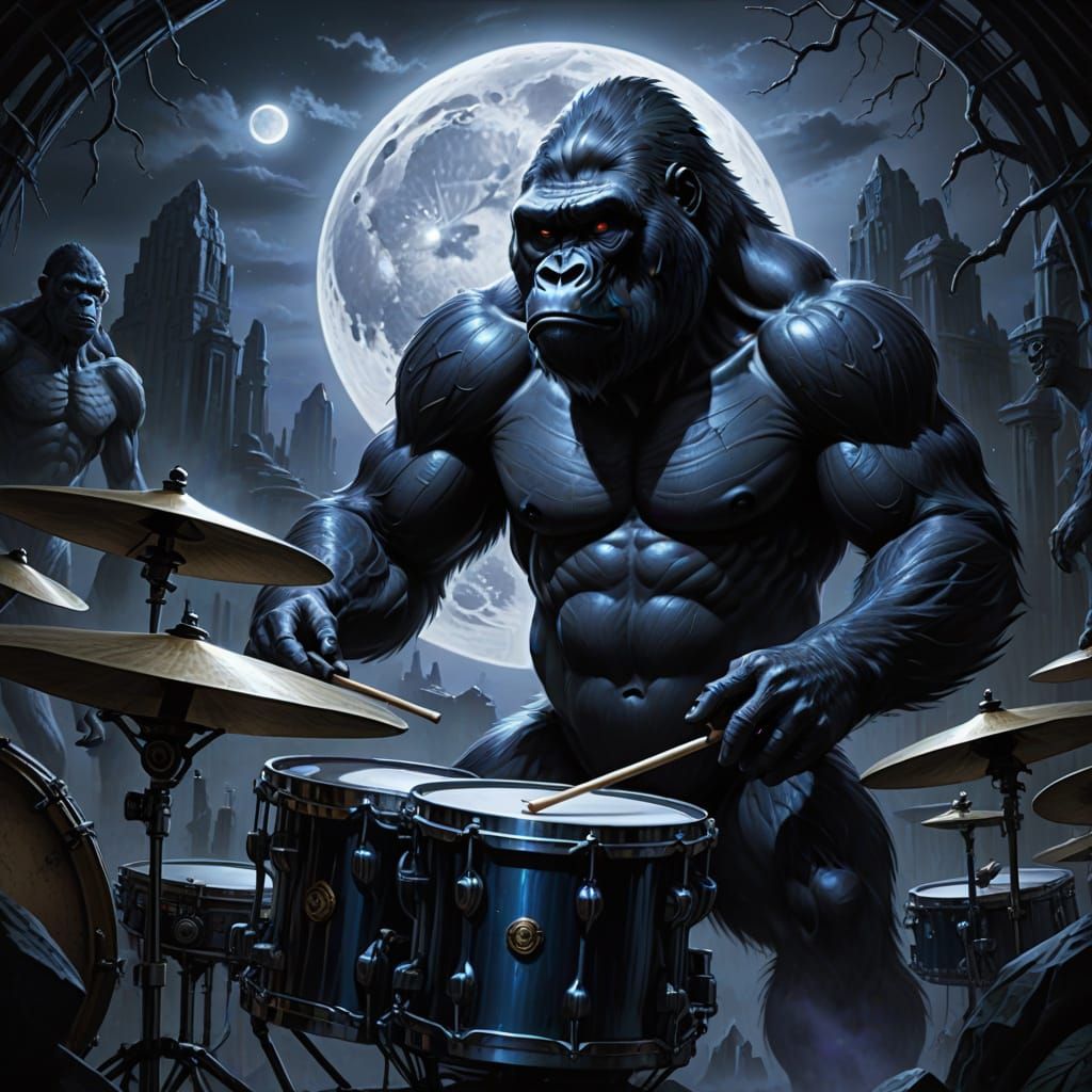 Gorilla Drummer Under Full Moon in Cosmic Sky