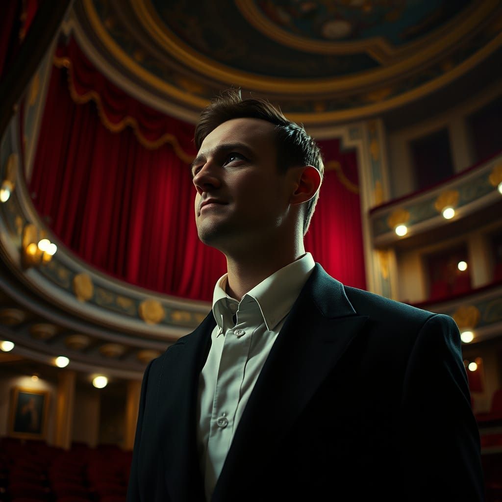 Man in Opera House: Hyperrealistic Cinematic Photography