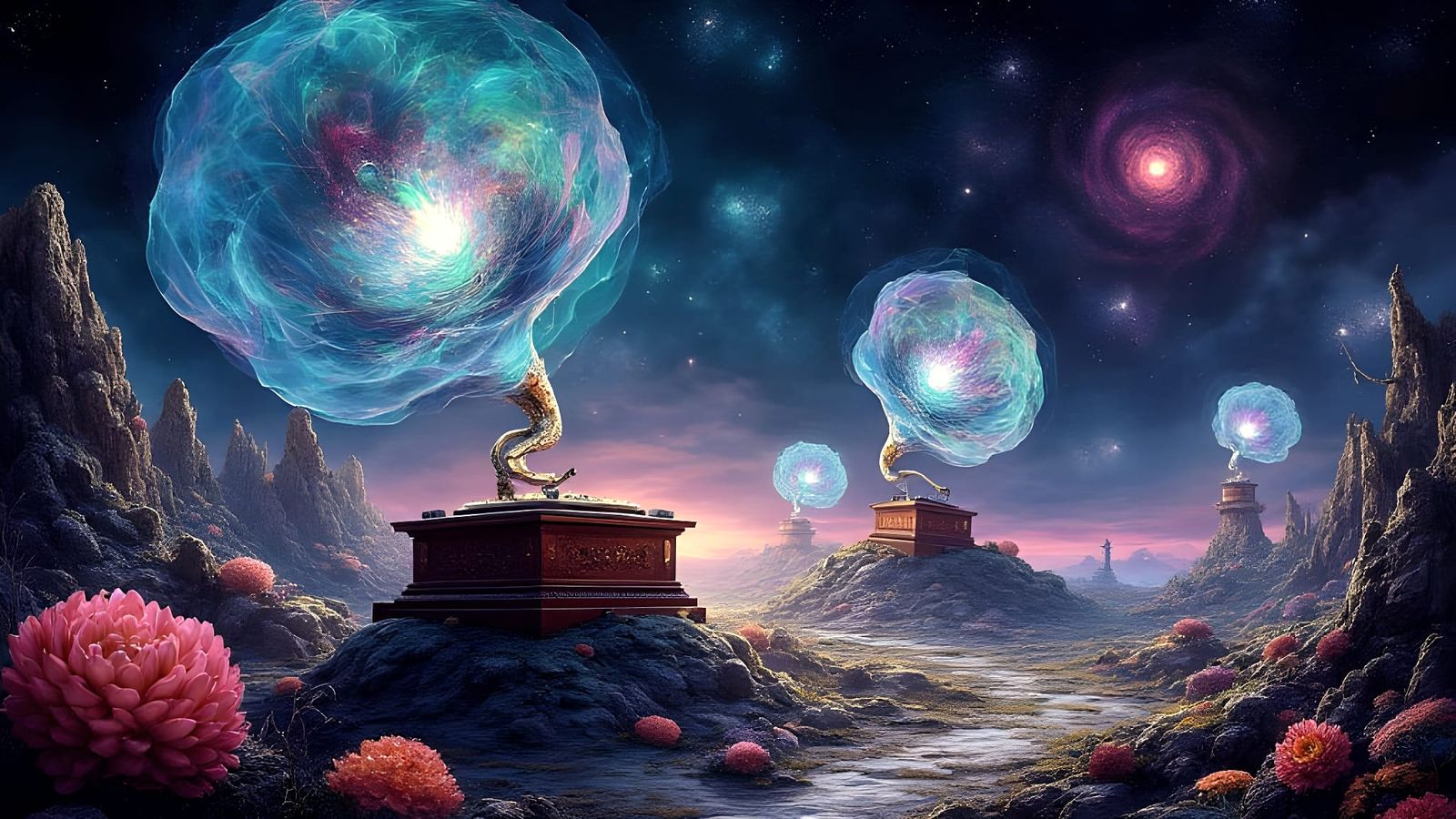 Surreal Dreamscape With Giant Gramophones and Cosmic Nebulae