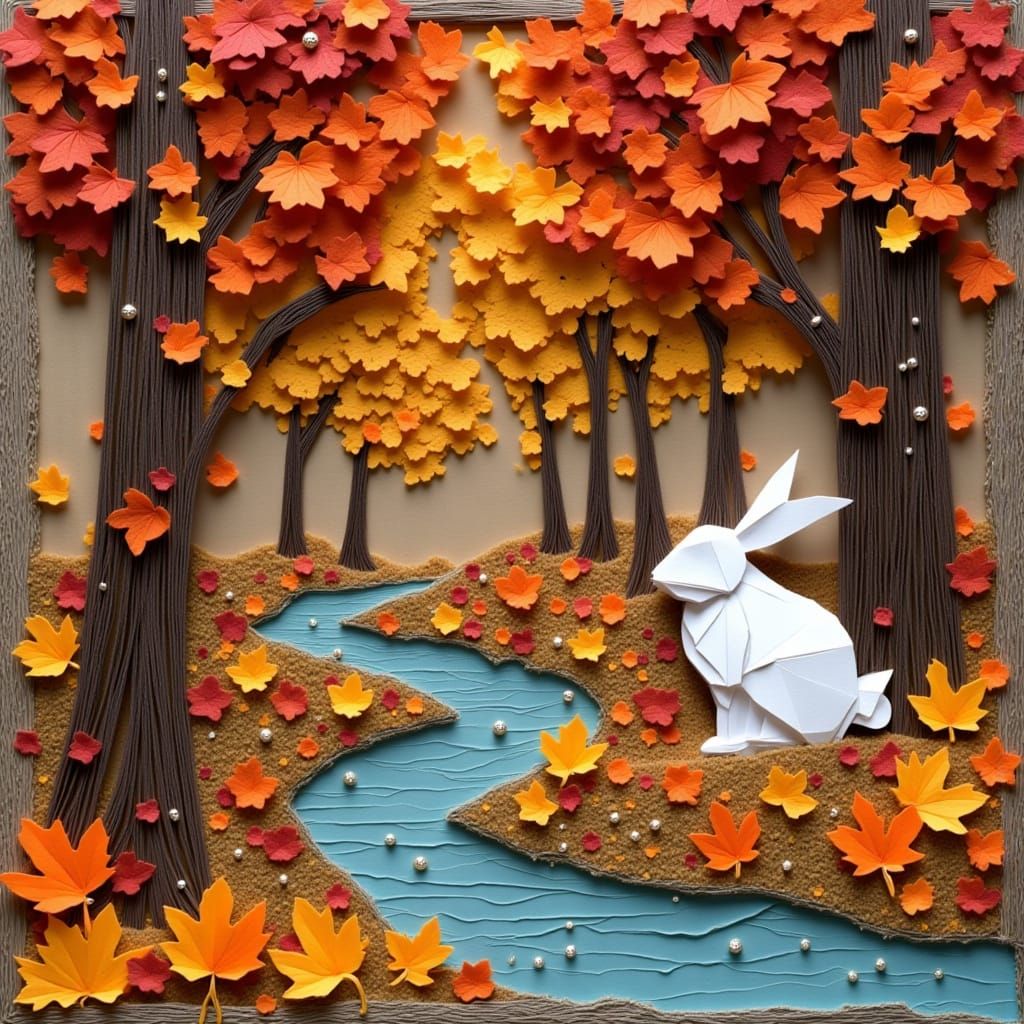 Whimsical Origami Rabbit in Autumn Forest Collage