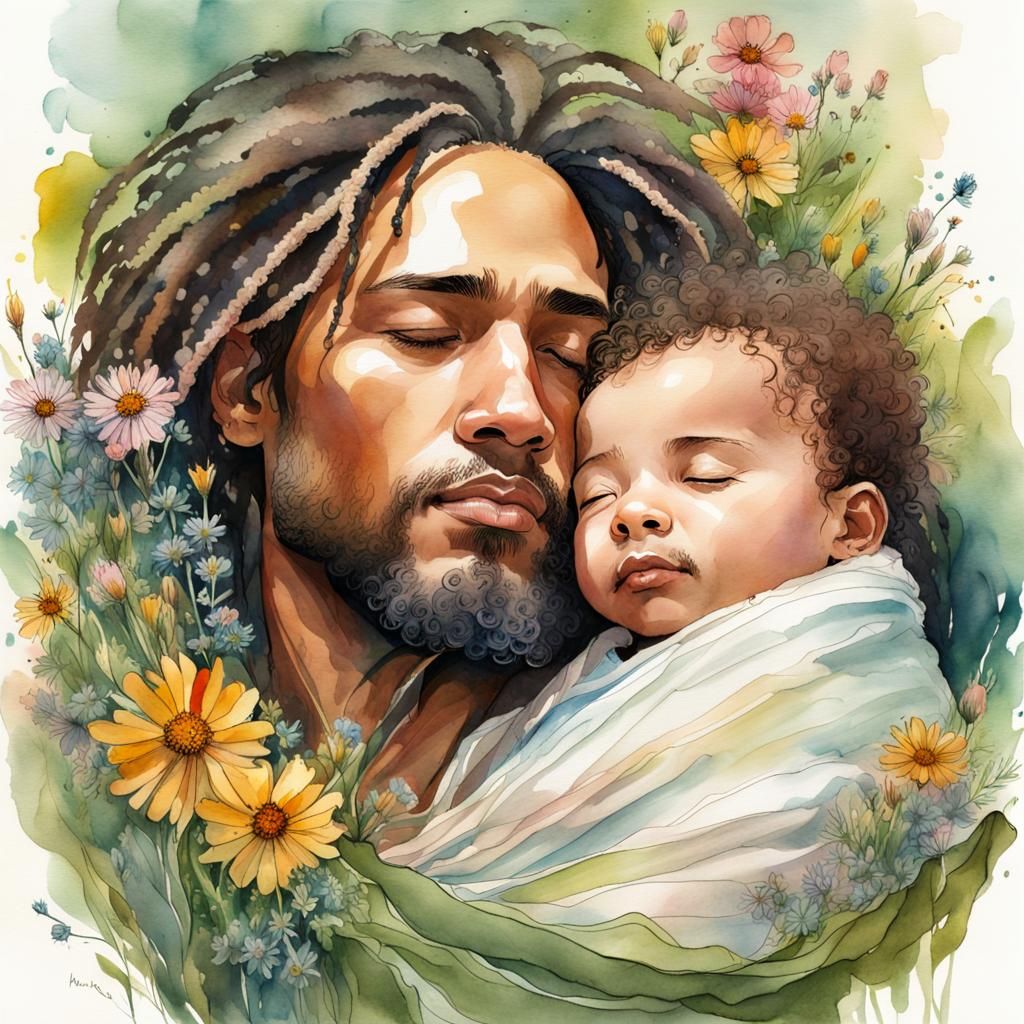 Watercolor Father and Child Surrounded by Flowers