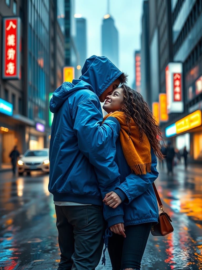 Tender Moment in the Rainy City Streets