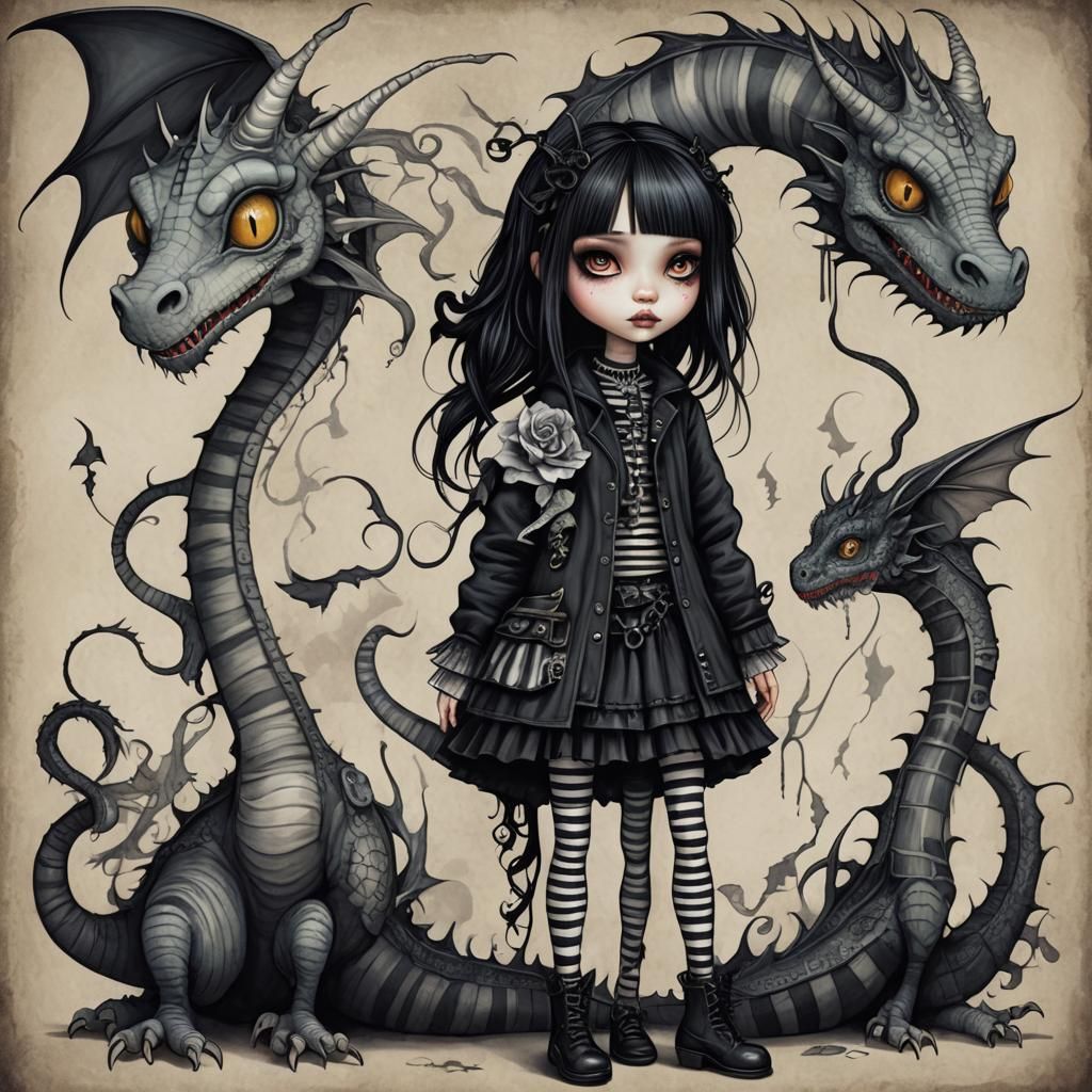 Emo Girl Doll with Dragon Companion in Gothic Fantasy