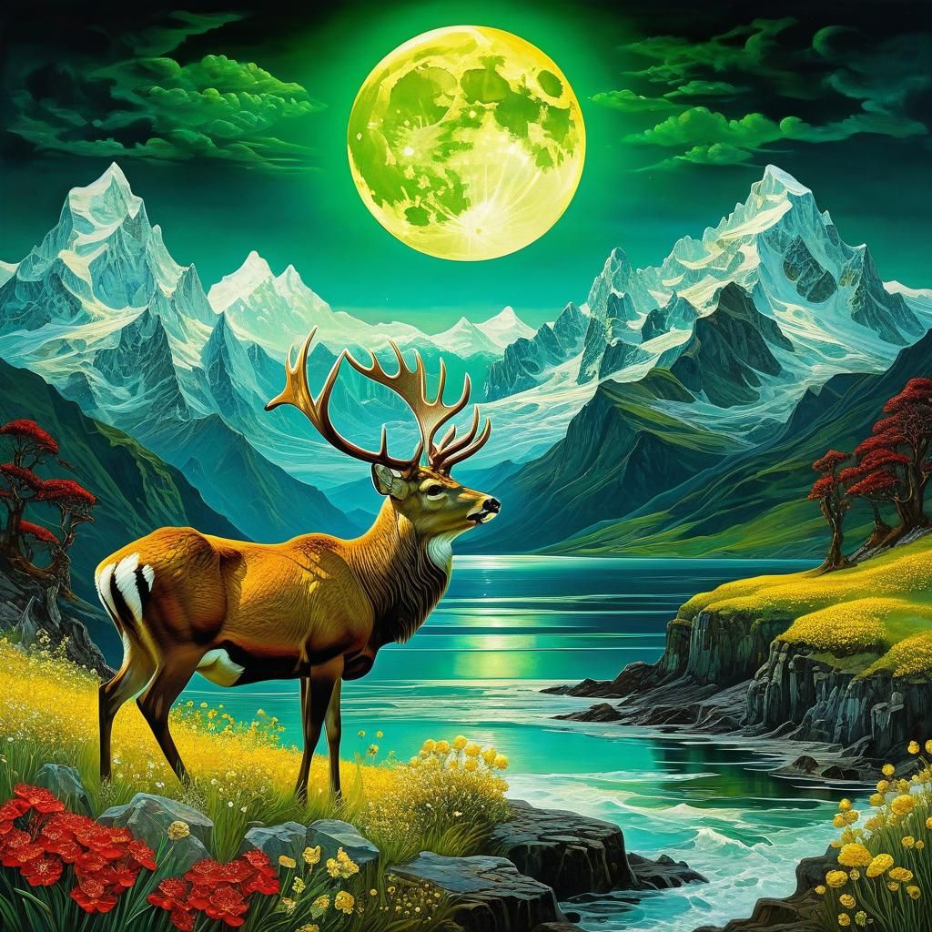 Surreal Landscape with Green Moon in Impasto Style