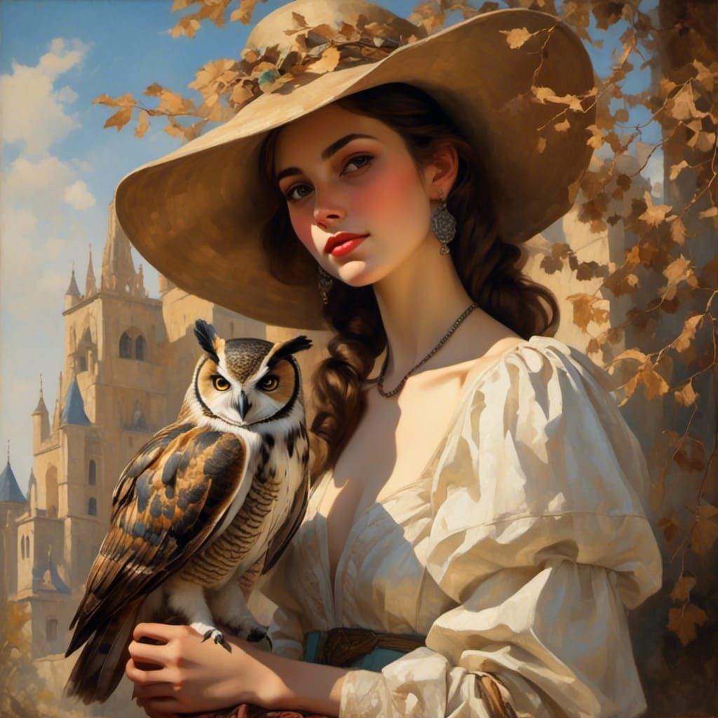 Brunette with Owl in Willow Tree Setting