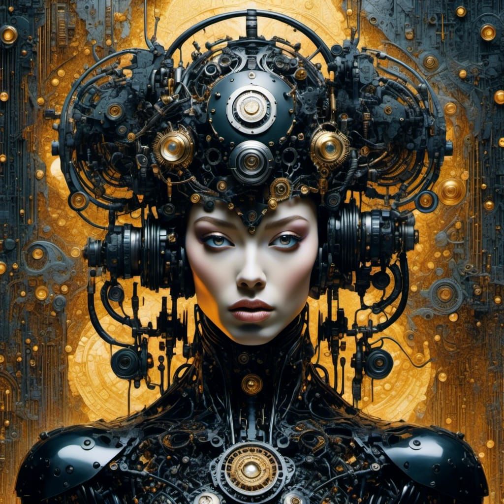 a close up portrait of a striking "Cyborg" double exposure c...