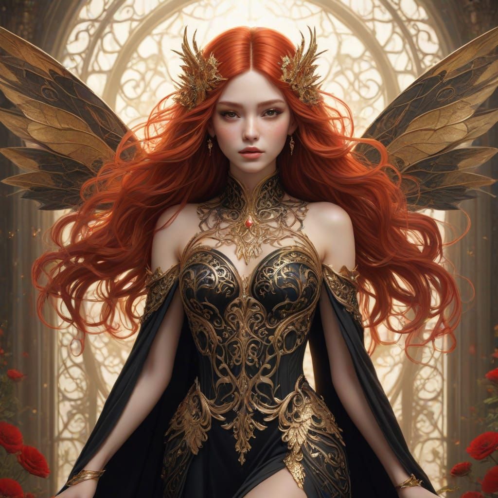 Fantasy Fairy with Red Hair and Gold Designs