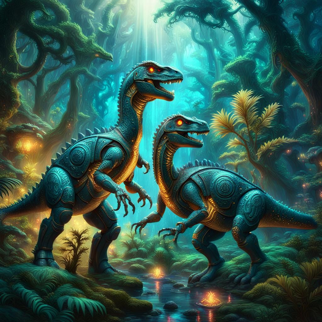 Ethereal Robot Dinosaurs in Ancient Forest Fantasy