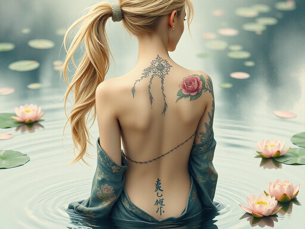 Ethereal Woman with Back Tattoo in Watercolor Wash