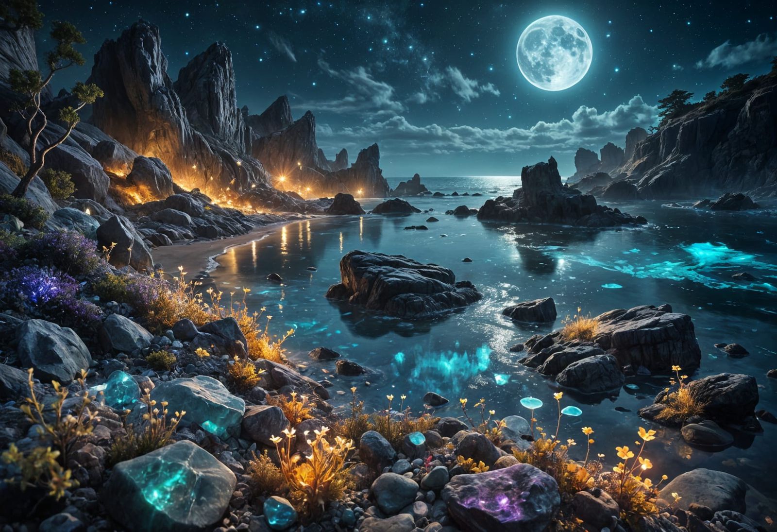 A mystical bioluminescent shoreline at midnight