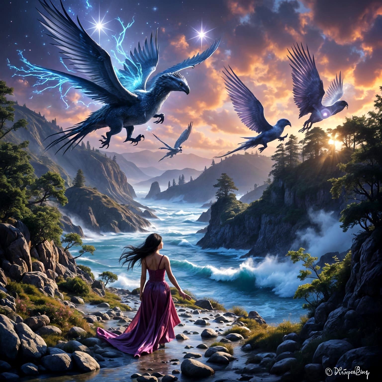 Fantasy Flight in Magical Realm with Armored Woman