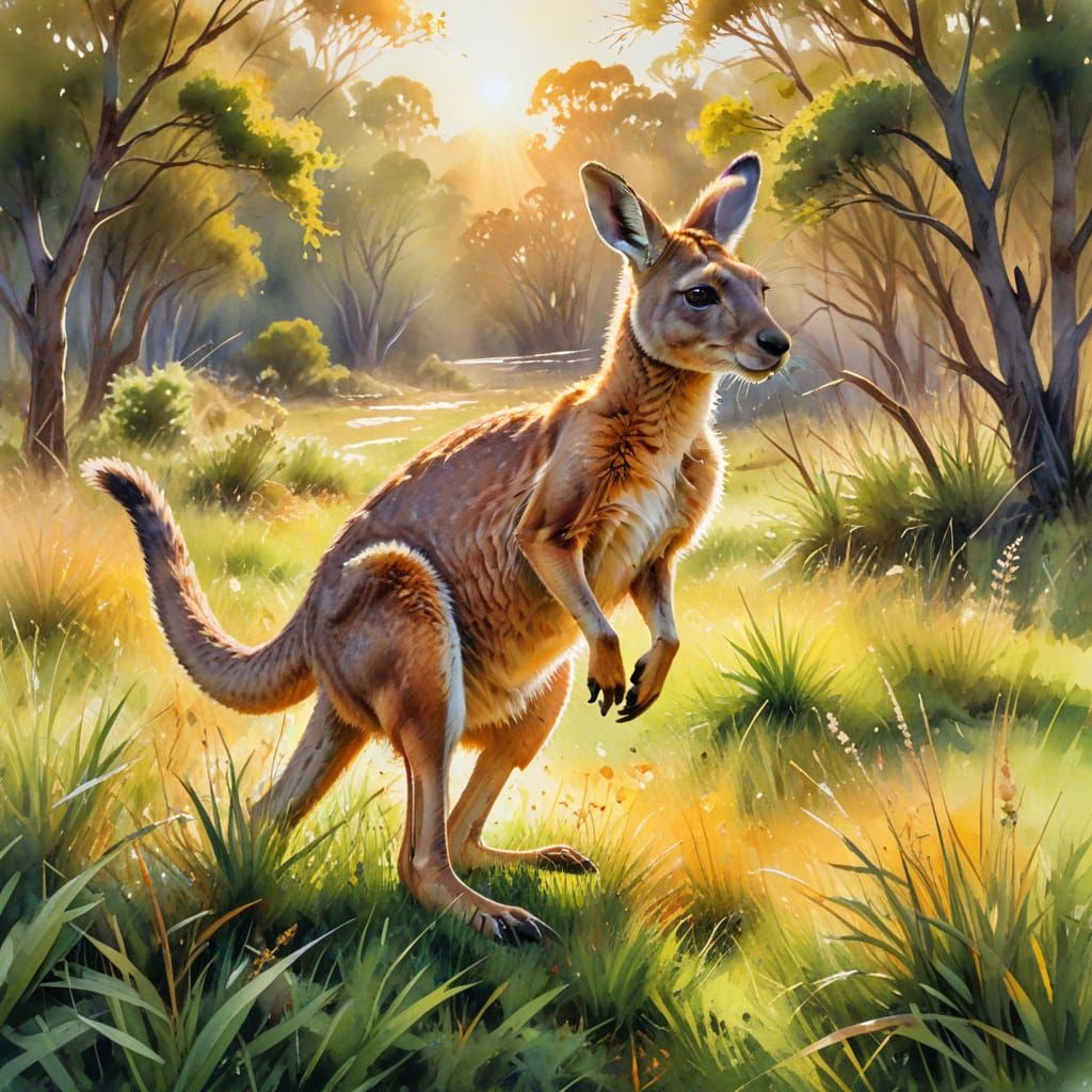 Vibrant Watercolour Kangaroo in Golden Hour Spring Light