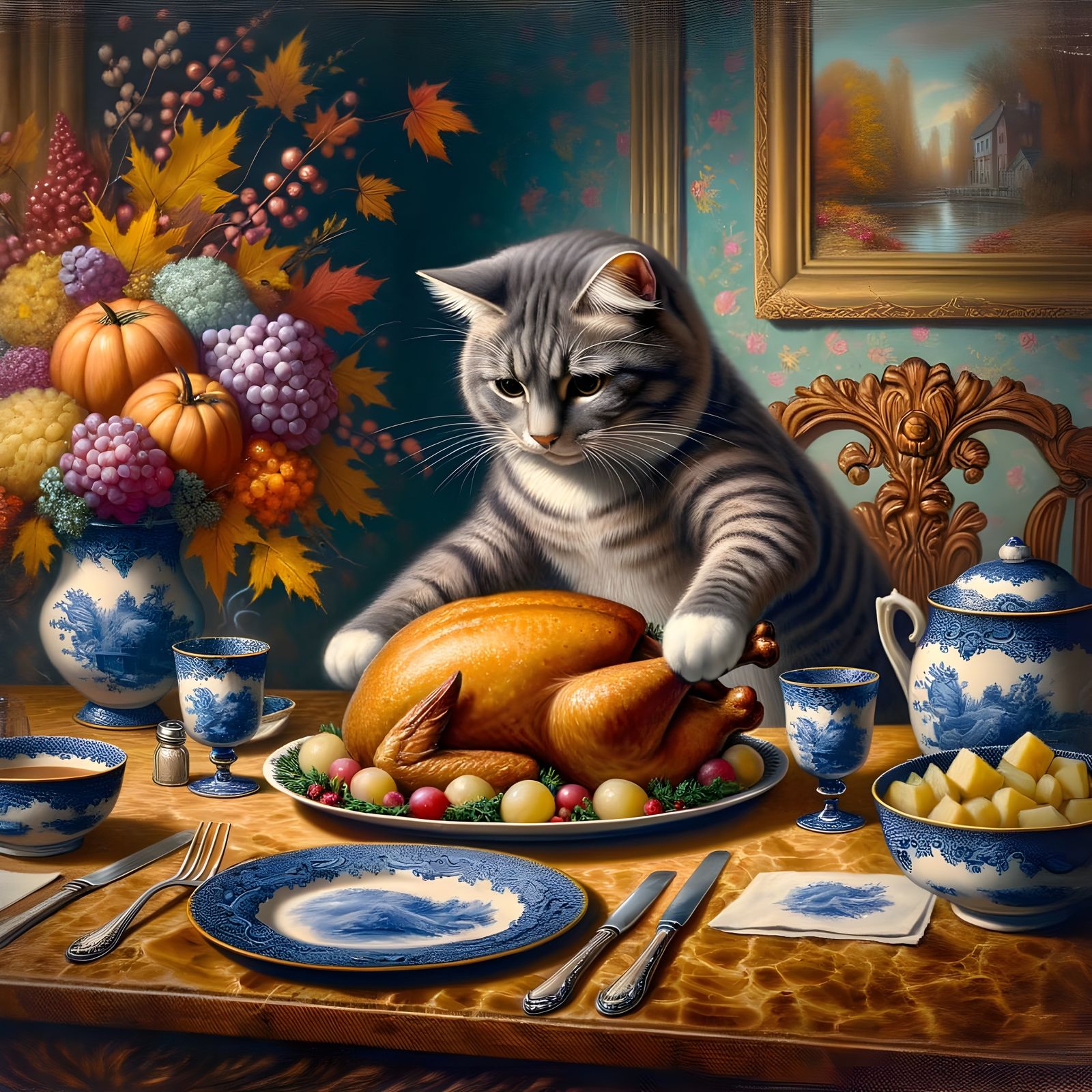 Cute Tabby Cat Serves Autumn Feast in Romantic Style
