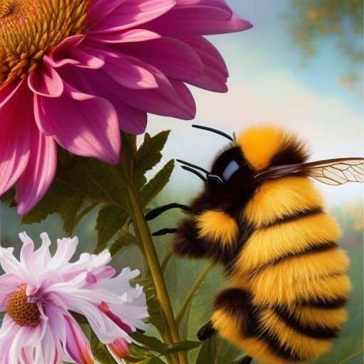 Hyperrealistic Plush Bee on Dahlia Flower