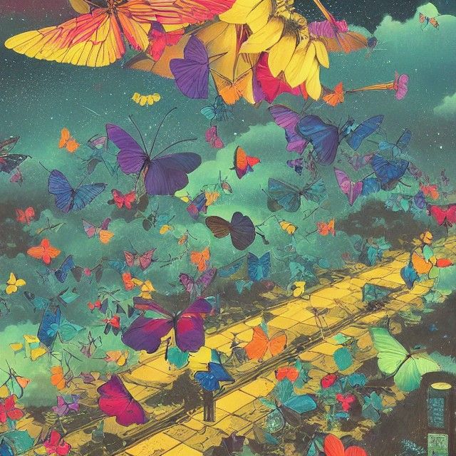 Rainbow Butterflies: Digital Illustration in Ukiyoe Style