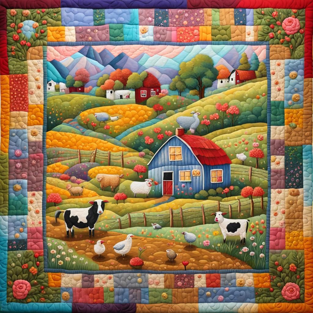 Enchanting Patchwork Quilt Depicting Farm Life
