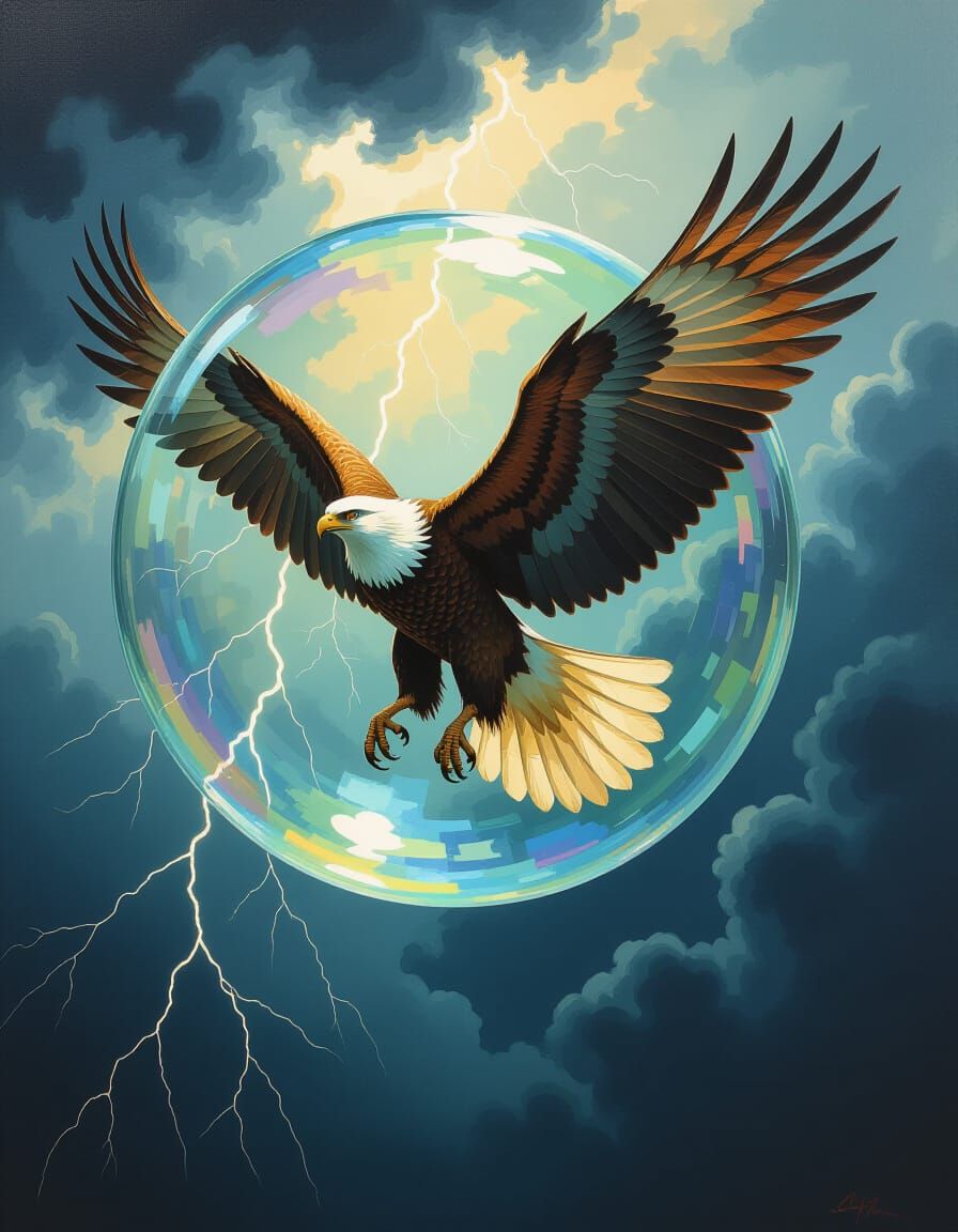 A fantasy scene where a Griffin lives inside a floating Bubb...