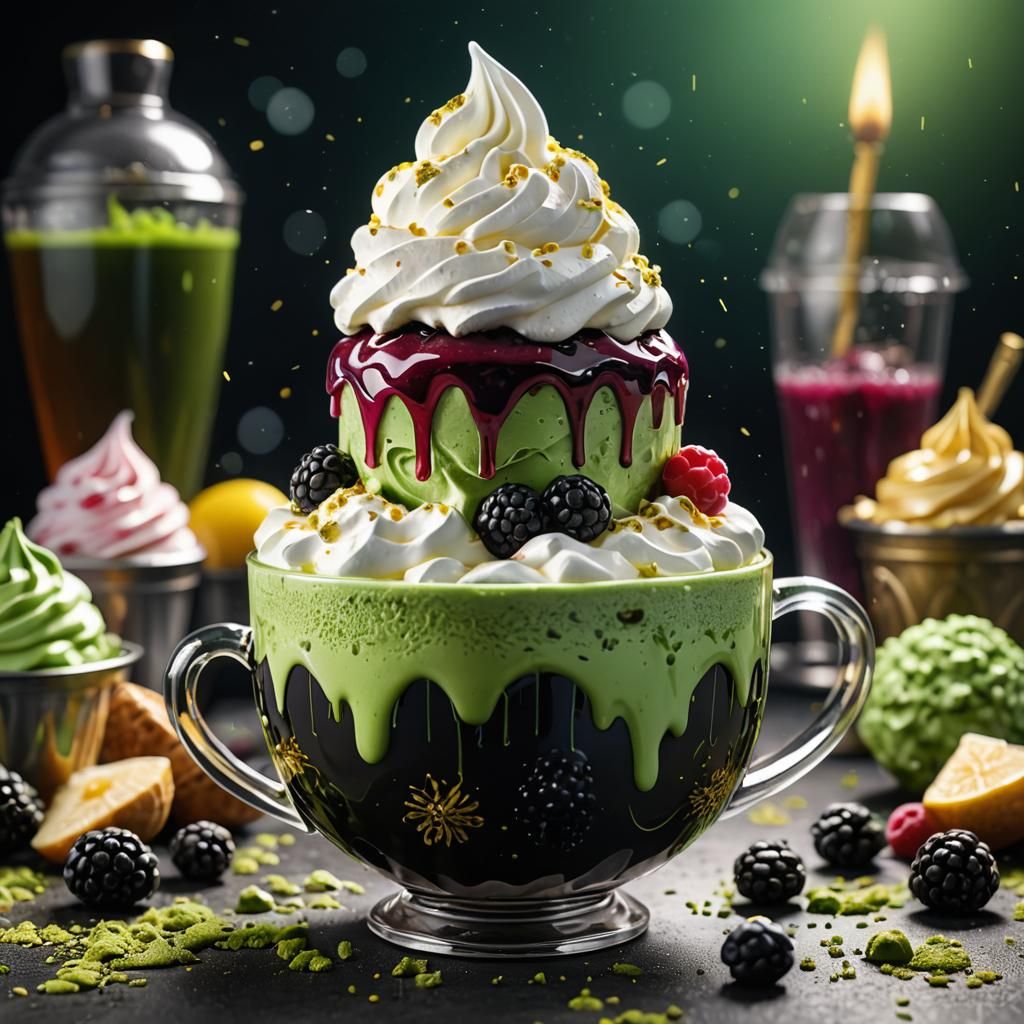 Crystal Cup with Ice Cream and Matcha, Detailed Matte Painti...