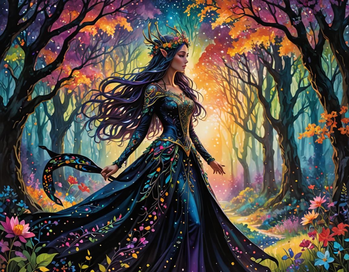 Elven Princess in Mystical Forest, Digital Art