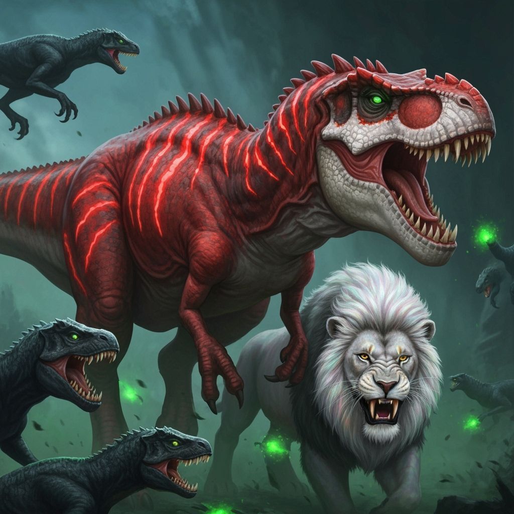 Bioluminescent T-Rex and Lion in Detailed Matte Painting