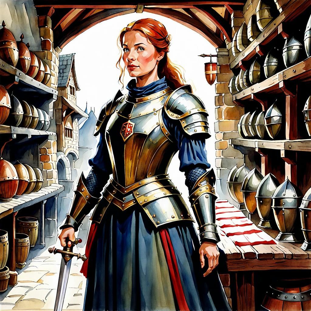 Woman in Armor Store as Watercolor Illustration
