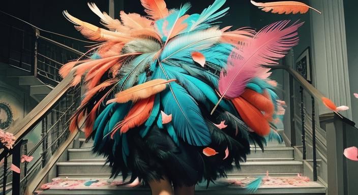 Feathers and Staircase in Analog Horror Style