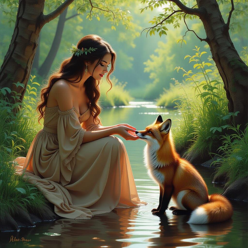 Dryad and Fox Sharing a Meal in Realistic Oil Painting