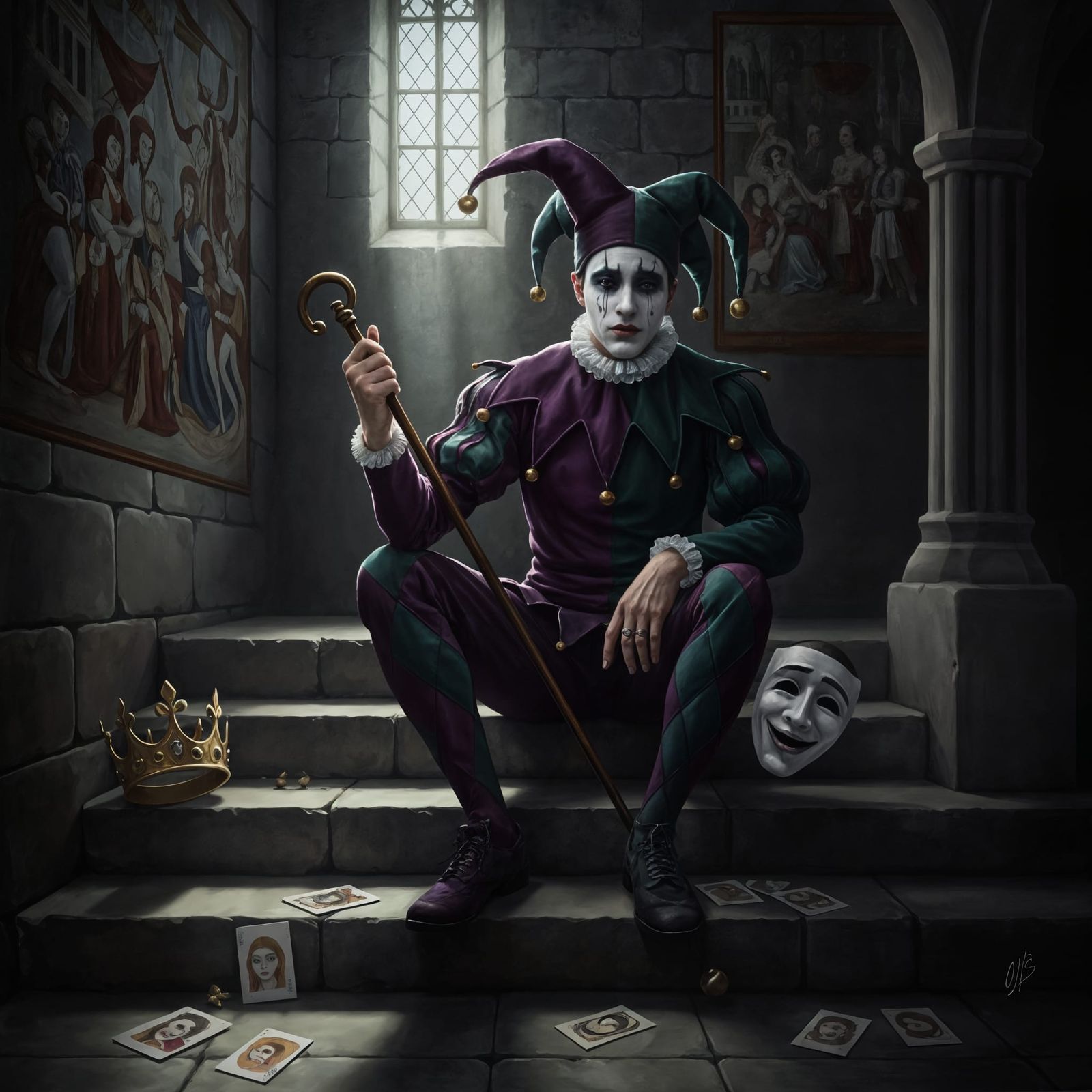 Melancholic Jester Oil Painting with Silver Tear