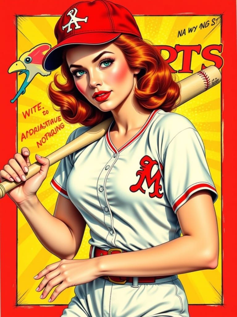 1950s Pin Up Woman in Baseball Uniform