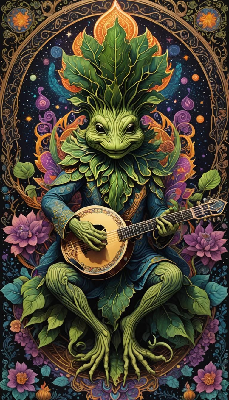 Mandrake Plays Mandolin in Surreal Fantasy Illustration