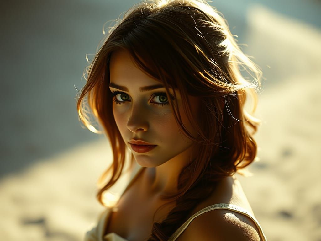 Dramatic Film Still of a Woman with Brown Eyes