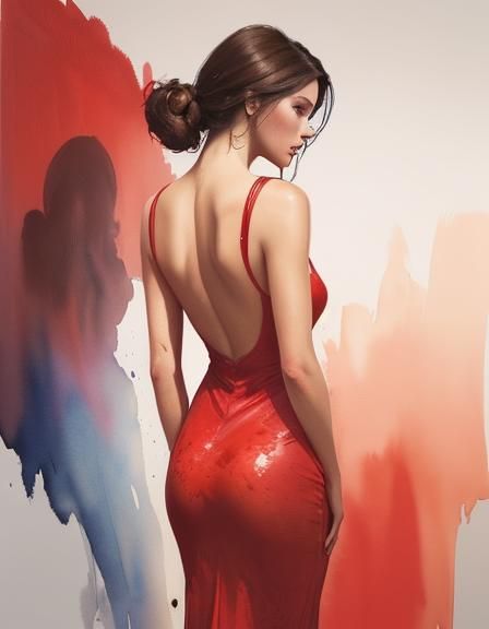 Brunette in Red Dress: Hyperrealistic Watercolor