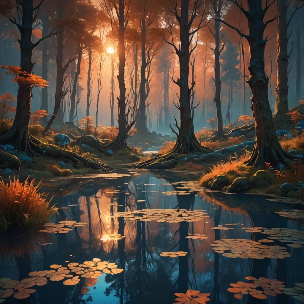 Mystical Forest Reflected in Pond, Expressionist Concept Art