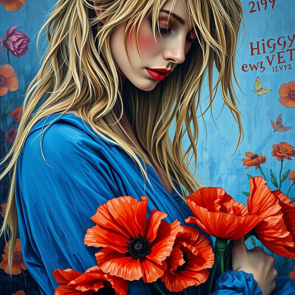 Woman in Cobalt Blue Dress, Holding Poppies in a Post-Impres...