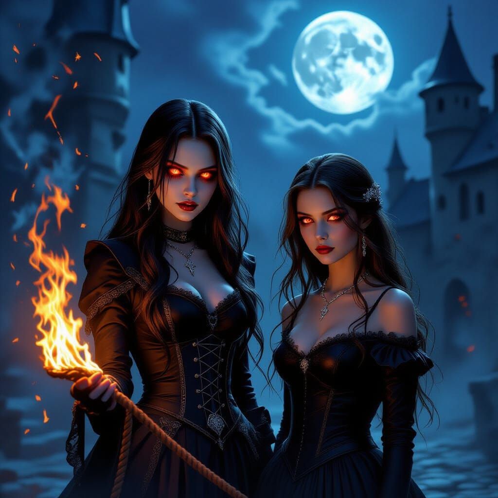 Vampire Girl with Flaming Rope in Castle Courtyard