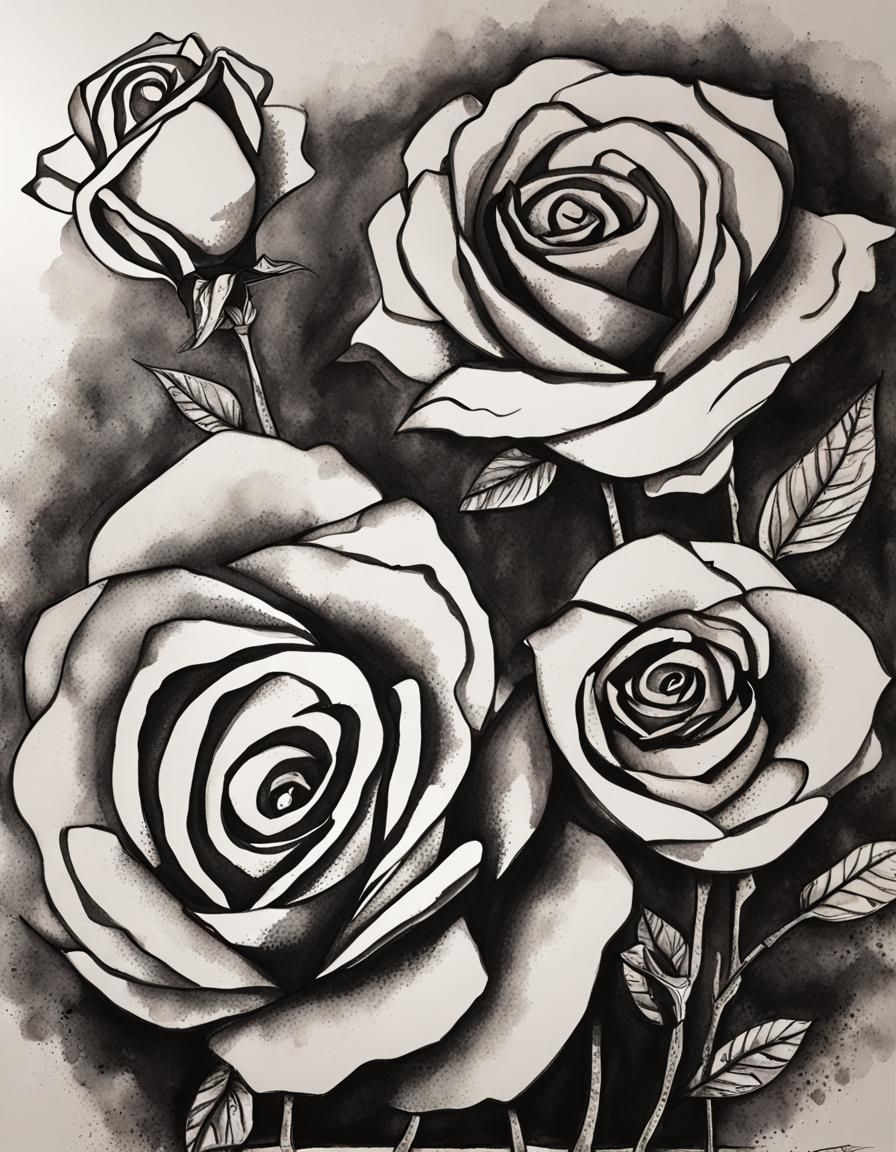 Metallic Roses in Ink Drawing Style