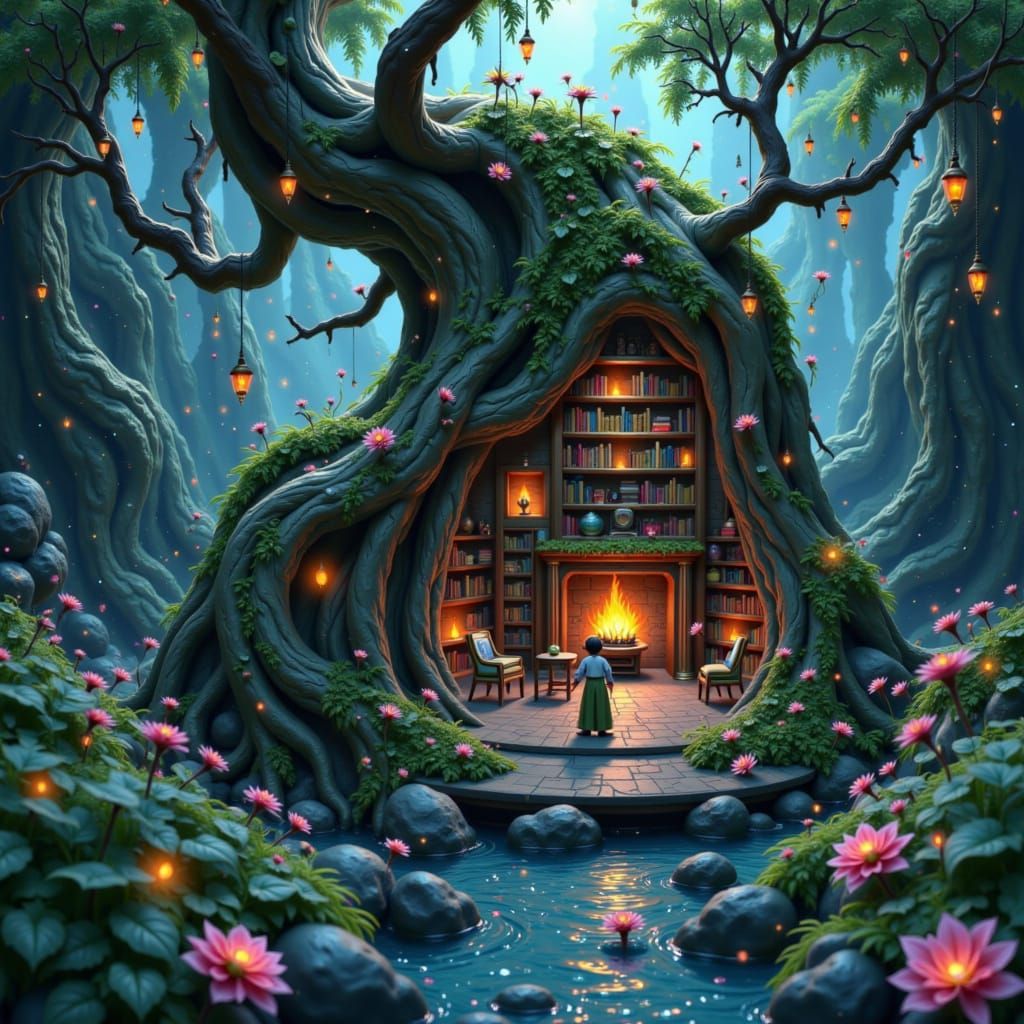 Miniature Bonsai Library in Bioluminescent Cavern