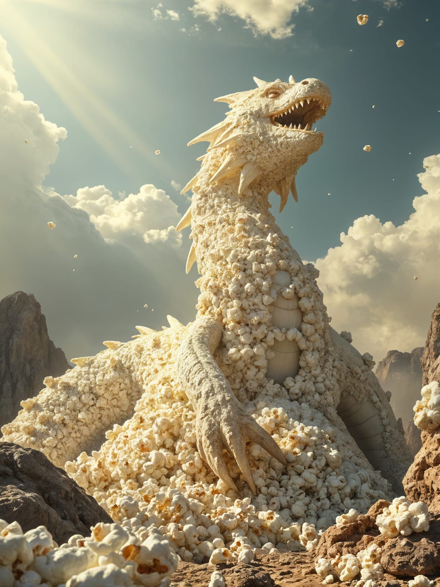 Epic Popcorn Leviathan Rises in Hyperdetailed Landscape