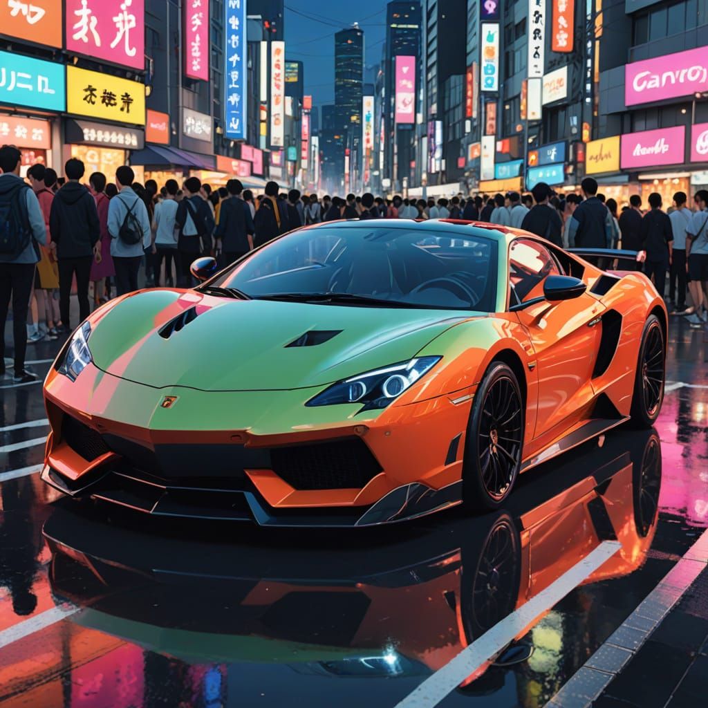 Sleek Exotic Car Showcased in Neon-Lit Japanese Manga Style
