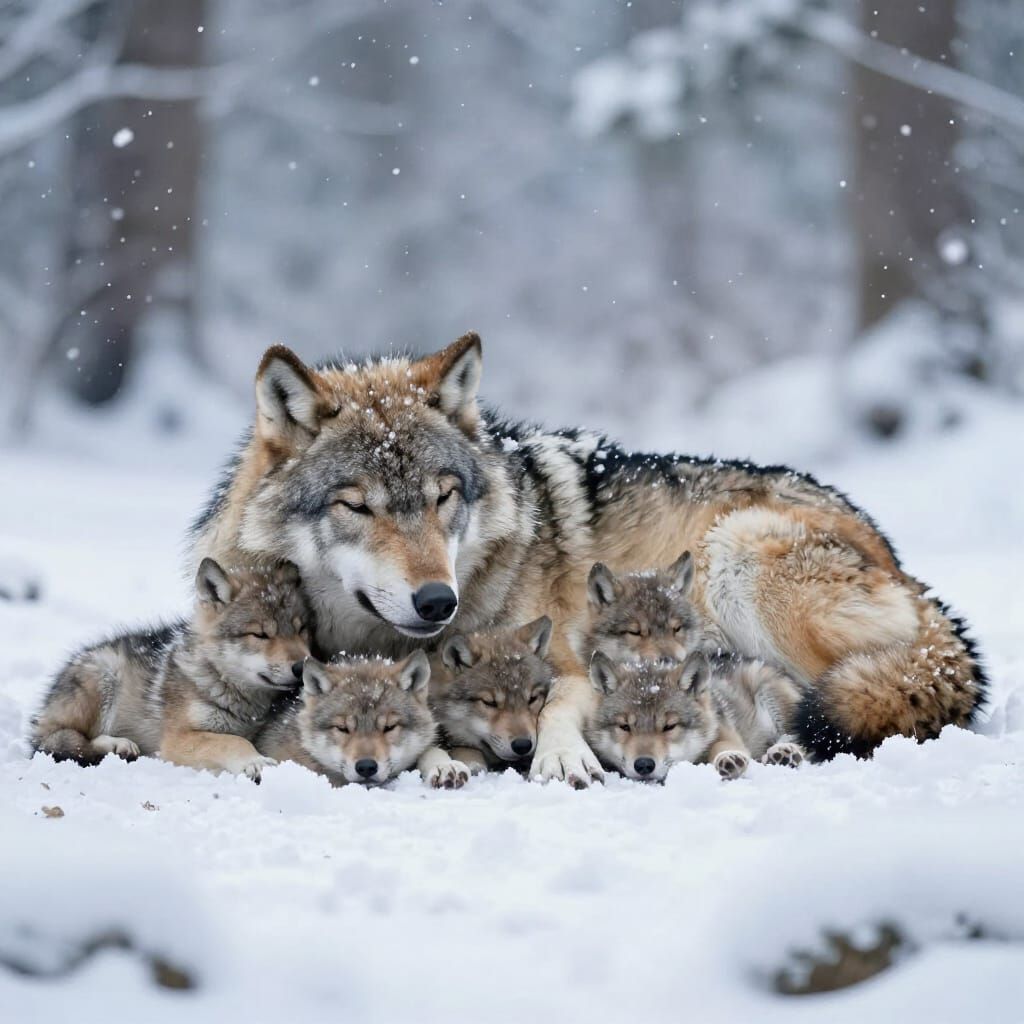 Wolf Family Sleeps Peacefully in Snowy Forest Wonderland