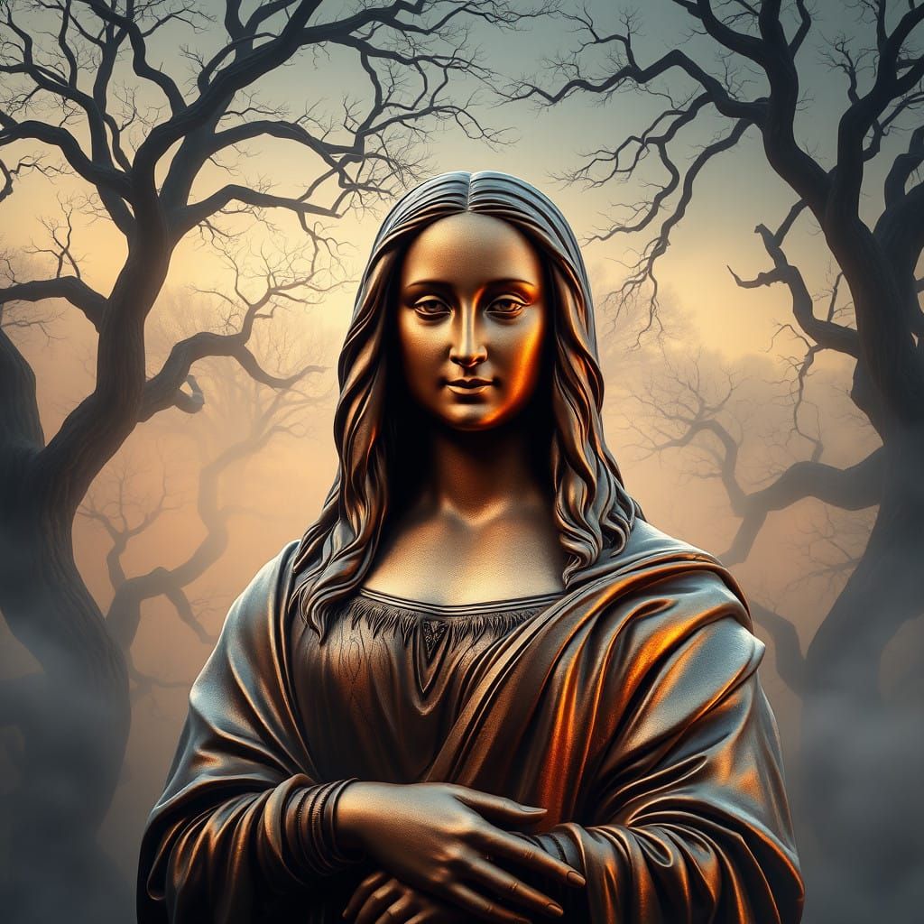 Majestic Bronze Mona Lisa in Mystical Landscape
