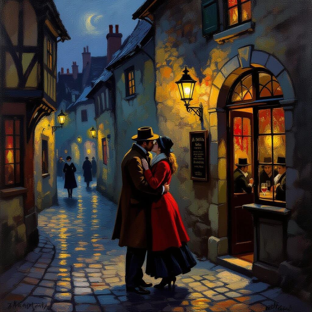 Impressionist First Kiss at Medieval Tavern